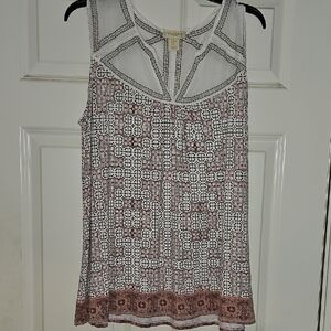 Cynthia Rowley White and Brown Sleeveless Blouse with Geometric Neckline